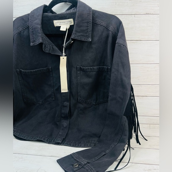 Saltwater Luxe Washed Black Jean Jacket with Fringe 100% Cotten cowgirl biker - Picture 14 of 14
